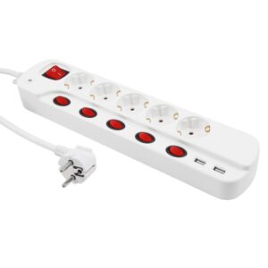 5-fach Steckdosenleiste mit Einzelschalter + 2 x USB