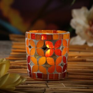 Windlicht Mosaik Glas - Teelichthalter - Blätter Motiv - H: 7cm - D...