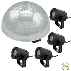 Set Halbspiegelkugel 50cm + 4 x LED Pinspot 3W Warmweiss