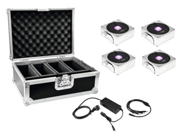 EUROLITE Set 4x AKKU IP Flat Light 1 chrom + Case + Ladeger?t