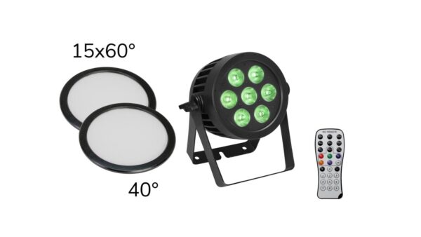 EUROLITE Set LED IP PAR 7x9W SCL Spot + 2x Diffusorscheibe (15x60° und 40°)