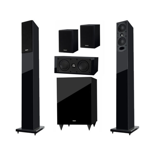 Tannoy HTS-201 schmales Holz- Säulen Design Lautsprecher System inkl. aktiven Downfire Subwoofer (5.1 Set) | hochglanz schwarz