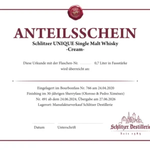 Anteilsschein Schlitzer Unique Single Malt Whisky -Cream- 2026