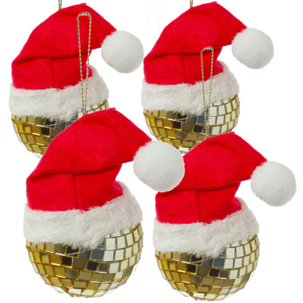 Weihnachtsbaumschmuck DISCOKUGEL mit Nikolausmütze - H: 7cm - gold - 4er Set