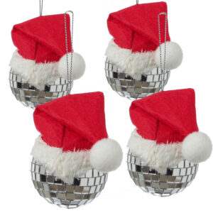 Weihnachtsbaumschmuck DISCOKUGEL mit Nikolausmütze - H: 7cm - silber - 4er Set