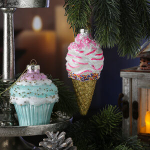 Weihnachtsbaumschmuck Eis/Cupcake - mit Perlen verziert - Glas - Christbaumschmuck - H: 13cm/10cm