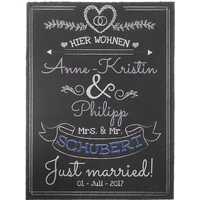 Schild als Schiefertafel zur Hochzeit mit Namen und Datum blau