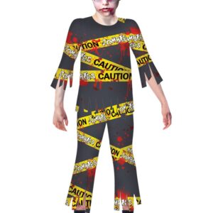 Halloween Zombie Kostüm - "CAUTION"  Shirt + Hose - 6-8 Jahre - Aufgedrucktes Warnband