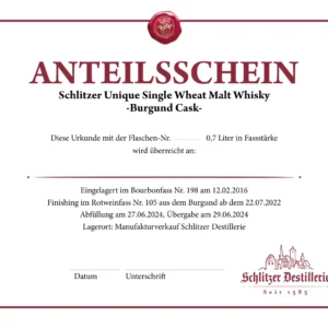 Anteilsschein Schlitzer Unique Single Wheat Malt Whisky -Burgund Cask-