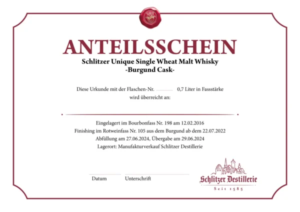 Anteilsschein Schlitzer Unique Single Wheat Malt Whisky -Burgund Cask-