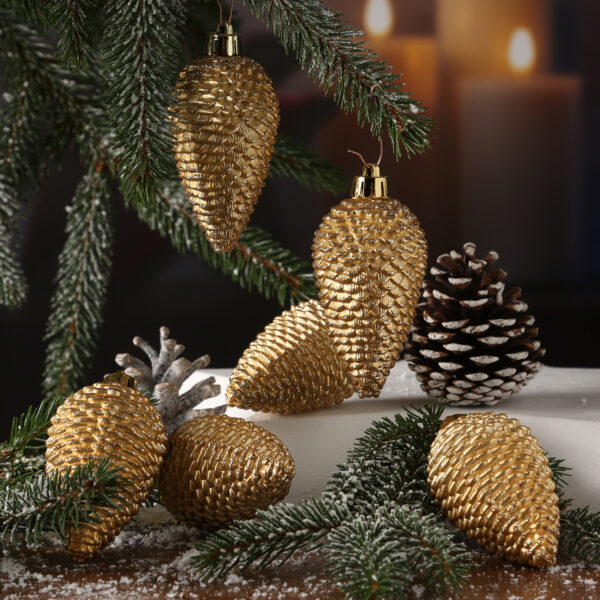 Christbaumschmuck ZAPFEN - Weihnachtsbaumschmuck - bruchfest - glitzernd - H: 8cm - gold - 6er Set