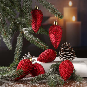 Christbaumschmuck ZAPFEN - Weihnachtsbaumschmuck - bruchfest - glitzernd - H: 8cm - rot - 6er Set